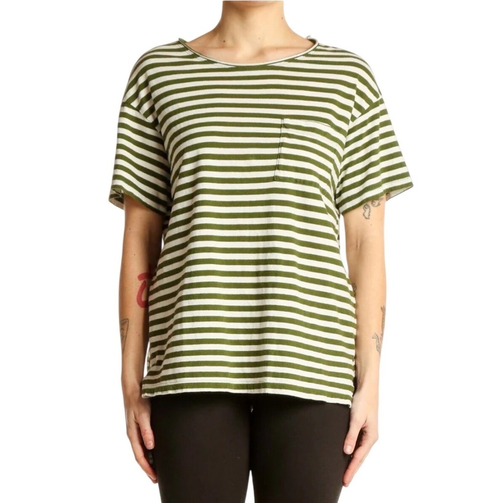 Madewell Striped Pocket Tee Women Size M Olive Green White Excellent Boxy Cotton